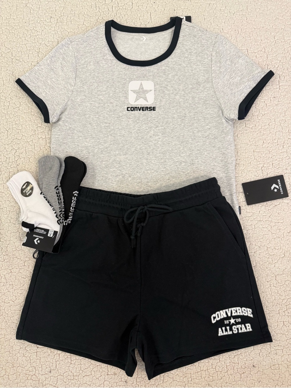 New womens Sz M Converse Grey Shirt, Black All Star Shorts, socks